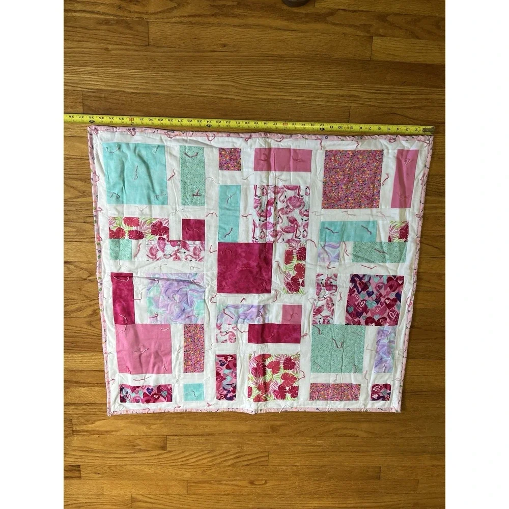 Handmade Baby Quilt Pink Flamingo Patchwork Cotton Blanket 36x36